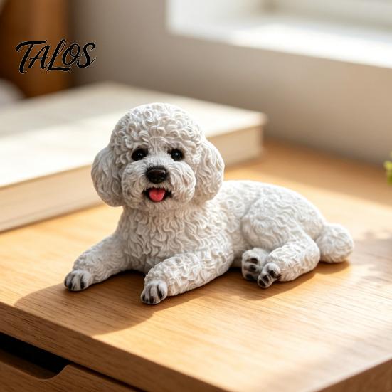 Dog Figurine Decor Realistic Teddy Statue, Desktop Small Pet Model, Cute Laying Sculpture Elegant Poodle Model for Car Dashboard, Desk, Shelf, Living