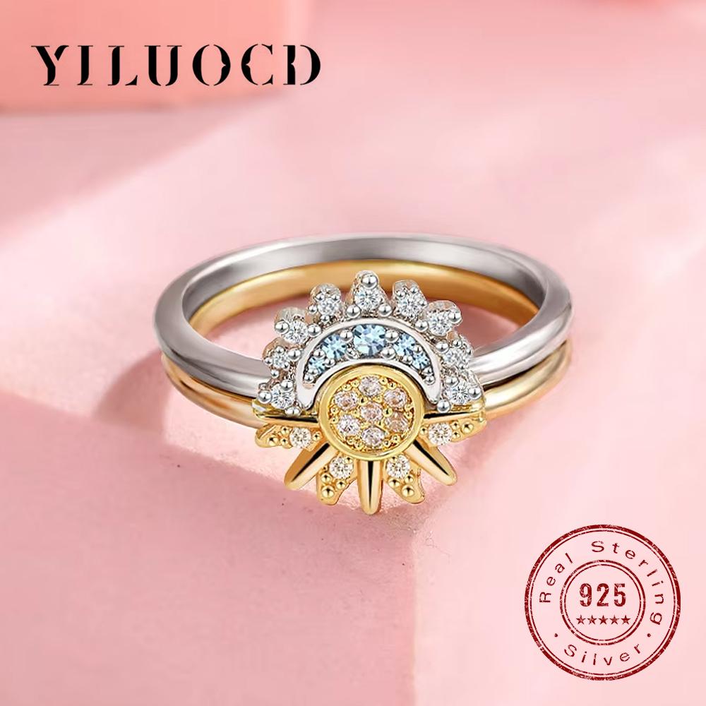 YILUOCD CopperSun and Moon Ring Set for Women Sparkling Cubic Zirconia Stackable Rings Promise Couple Fine Jewelry