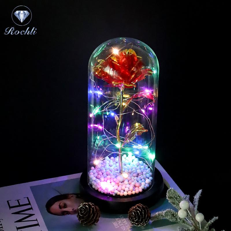 Rose Flower Preserved in Glass Dome with Night Light - Mother's Day or Birthday Gift Ornament