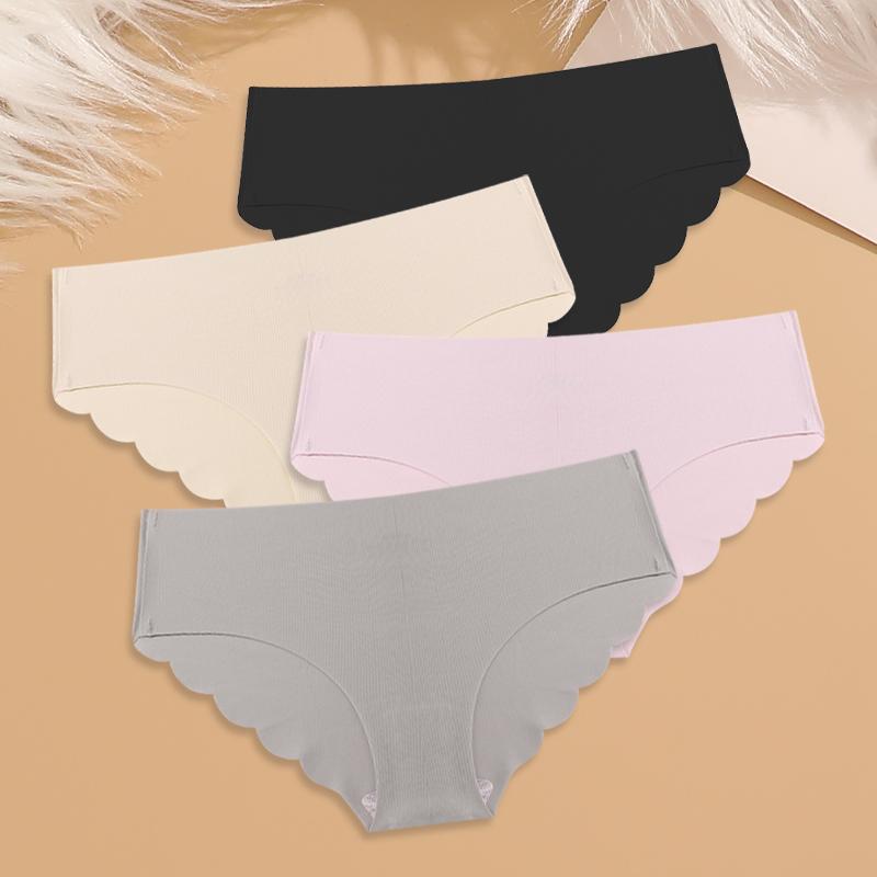 4Pcs Ice Silk Wavy Waist Underwear Women's Seamless Panties Sexy Comfy Solid Briefs Girls Ultra Thin Invisible Lingerie