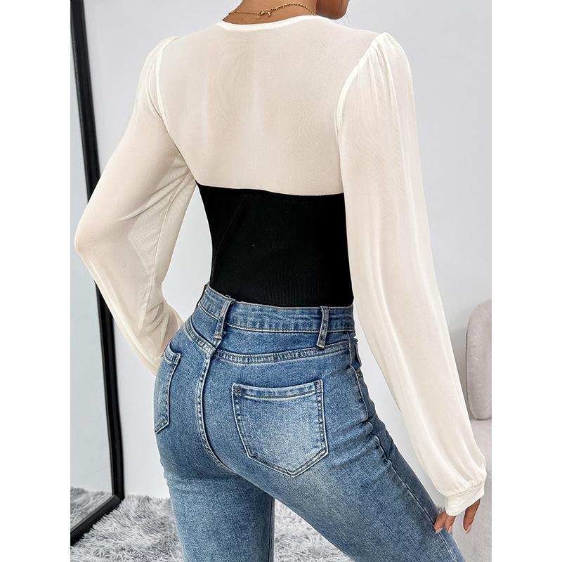 Women's Fashion Sexy Bodysuits Autumn Spliced Knitted Long Sleeve Slim Fit Elegant Square Collar
