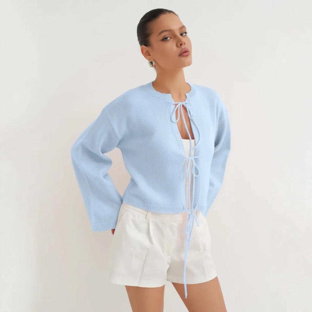 Women's Tie Front Bow Cardigan Sweater Long Sleeve Knit Outwear Coat Lace Up Crew Neck Crochet Cardigan Sweaters for Women Fall Outfit Sweater Jacket