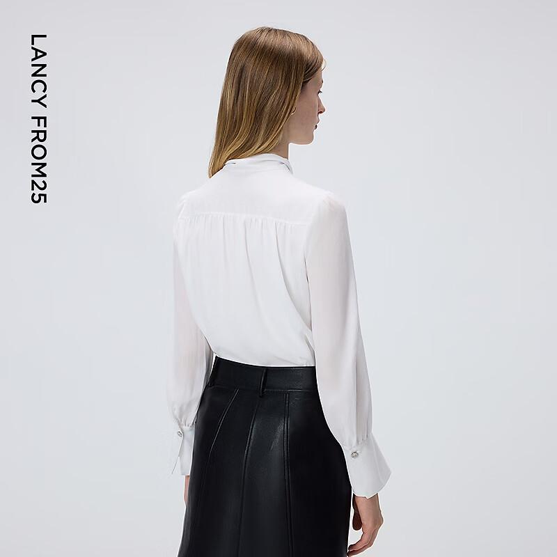 Langzi Women's White Tie-Neck Long Sleeve Blouse