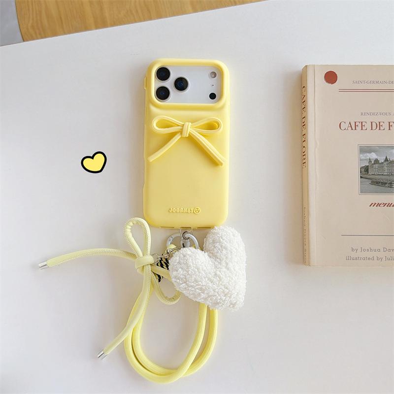Silicone Stereo Bow With Love Lanyard Mobile Phone Case for Iphone 17/16/15 Pro Max Anti-Fall Protective Cover for Apple14 13 12
