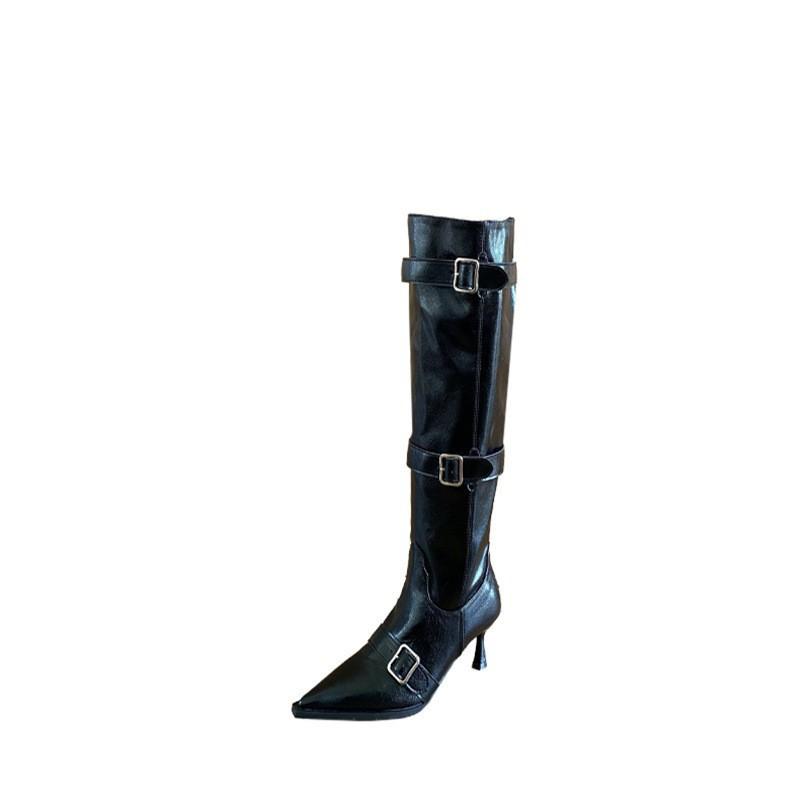 Retro Pleated Piled Boots Thin Heel High Heel Knight Boots 2025 Autumn and Winter New Pointed Belt Buckle Knee Boots
