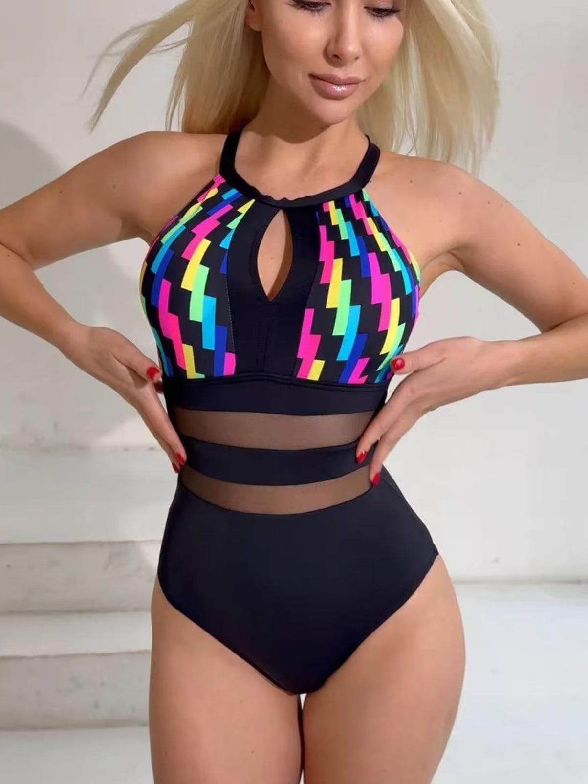 

New year s nylon fabric new striped print sexy backless mesh patchwork onepiece women s swimsuit XXL