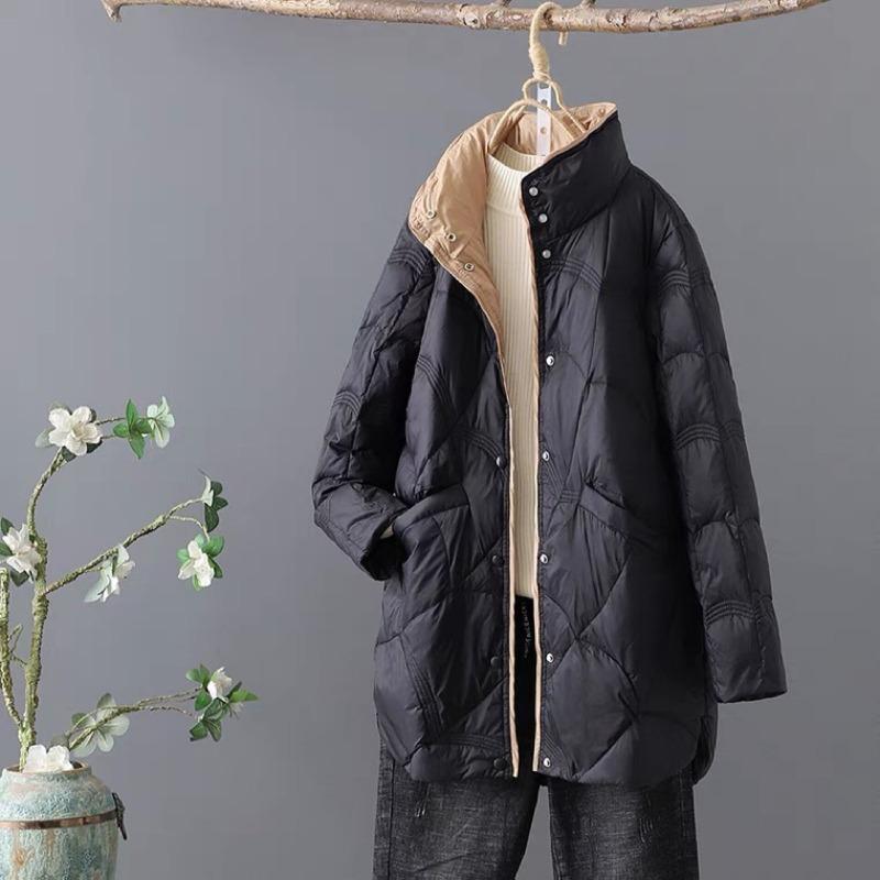 Retro literature and art medium and long stand-up collar down jacket women's winter loose and thin embossed white duck down casual jacket