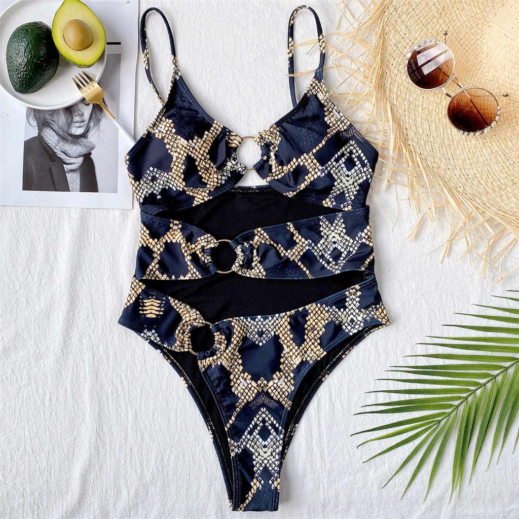 Sexy Gedruckt Bauch Cut Out One Piece Badeanzug Frauen Bademode Weibliche Metel Ringe Gepolsterte Badende Badeanzug Schwimmen La