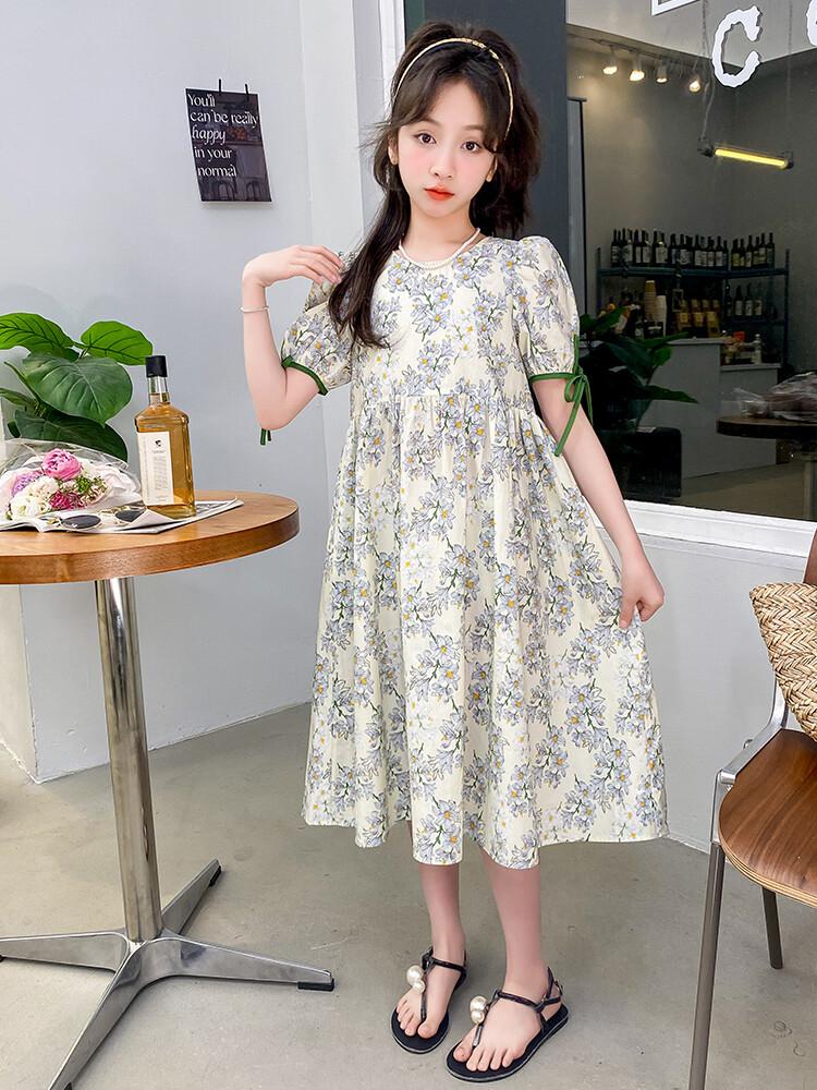 Girls' Summer Sweet Bubble Sleeves Floral Princess Dress