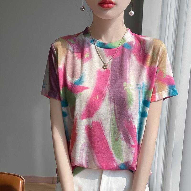 

Тонкая трикотажная футболка с короткими рукавами из шелка Mulberry на лето с женской свободной рубашкой с короткими рукавами из ледяного шелка с принтом 6XL