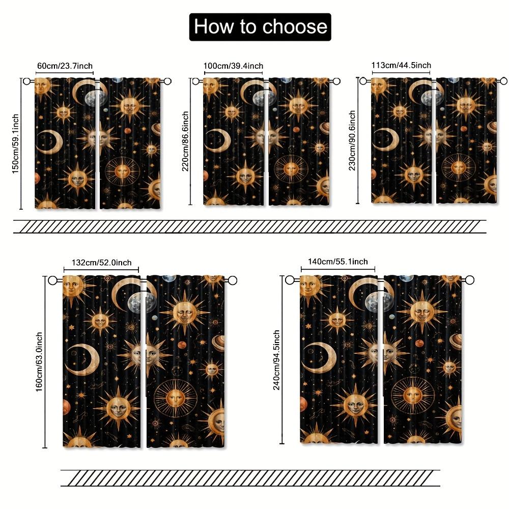 2pcs Celestial Sun Moon Stars Curtains - Semi-Sheer Polyester & Golden Space-Themed Window Drapes with Rod Pocket   Modern & Clas