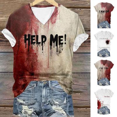 Halloween Bluthemd Digitaldruck Blutflecken Text T-Shirt Damen V-Ausschnitt Tops Freizeitkleidung Lustige Horror Kleidung