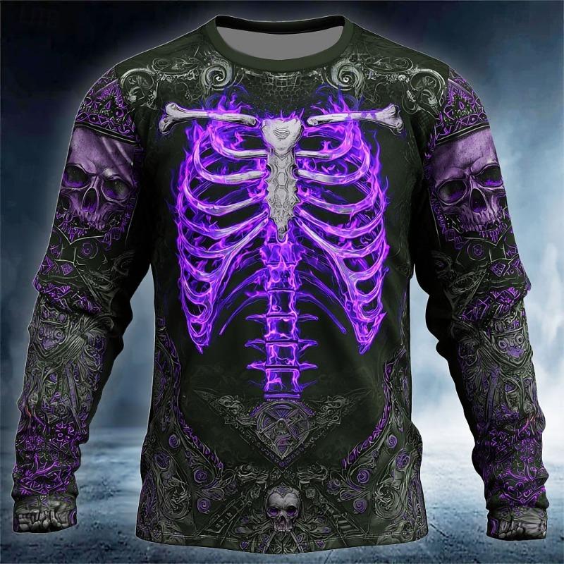 Skull Prints Long Sleeve T-Shirts for Men Gothic Trendy Streetwear Casual Tops Party Tee Clothing