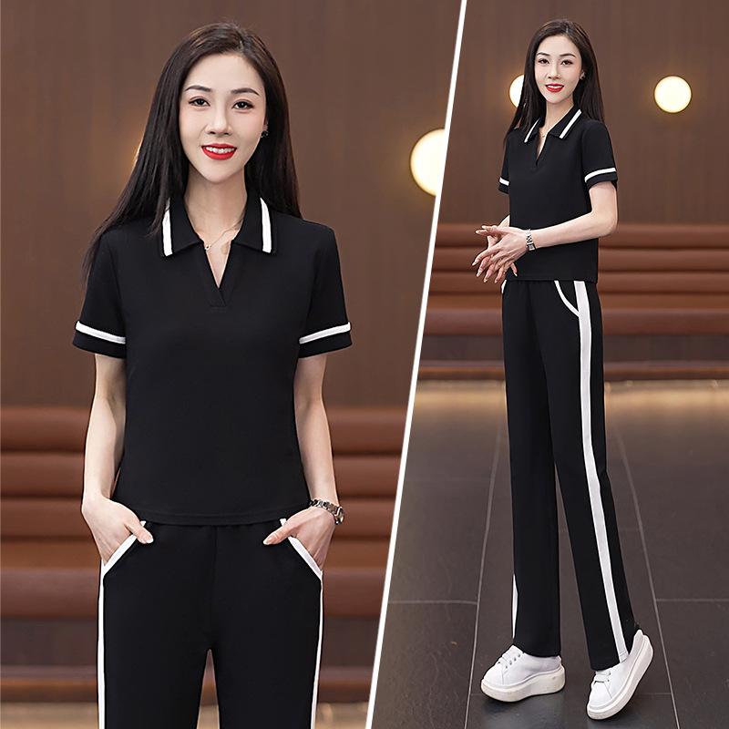 

Женский летний свободный повседневный комплект спортивной одежды с короткими рукавами и воротником-стойкой, комплект из двух предметов M чёрный