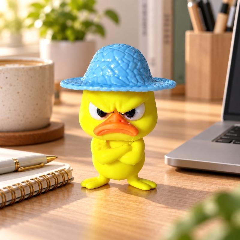 3D Printed Duck Figurine Set of 4 with Angry Face and Crossed Arm, Textured Hat Decorations for Office Desks, Display Shelves, and Entryways