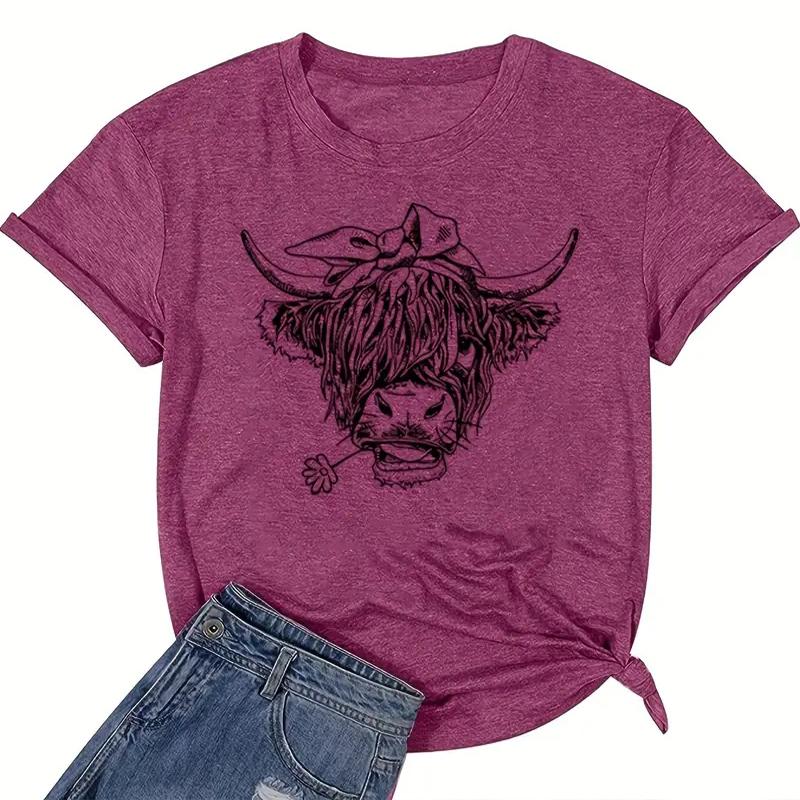 

Женская летняя футболка с принтом в виде головы быка, футболки с коротким рукавом, повседневные топы с принтом 8XL фиолетовый