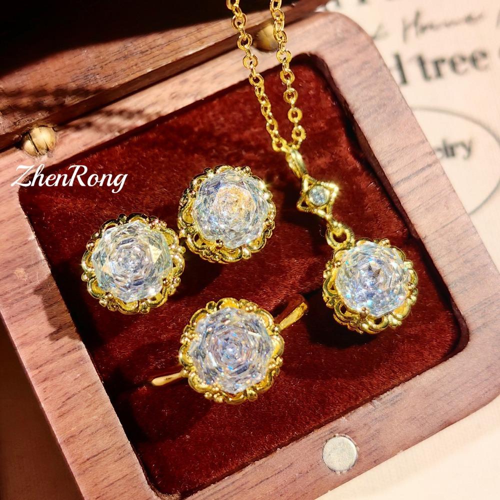 

Fashion Women Jewelry Set Octagonal Rose Cut Pendant Necklace Sparkling Zircon Earrings High Carbon Diamond Ring Color Gemstone
