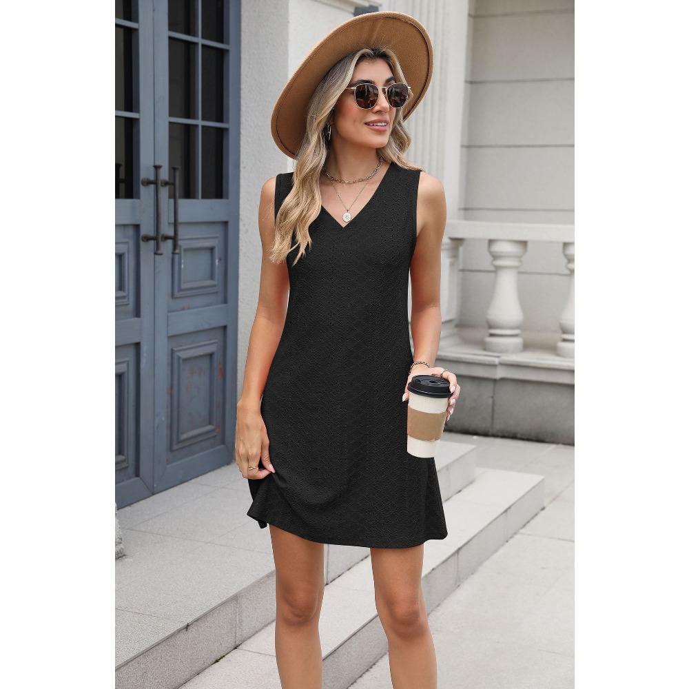 New Women's Pocket Casual Summer Solid Color V-neck Dress