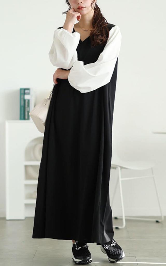 Gold Japan Plus Size Long Winter Size Black Women's Dress, Sleeves, V-Neck, Stretch, Pockets, Outfit, Fall/Winter, Spring/Summer, Maru-30091, 5L,