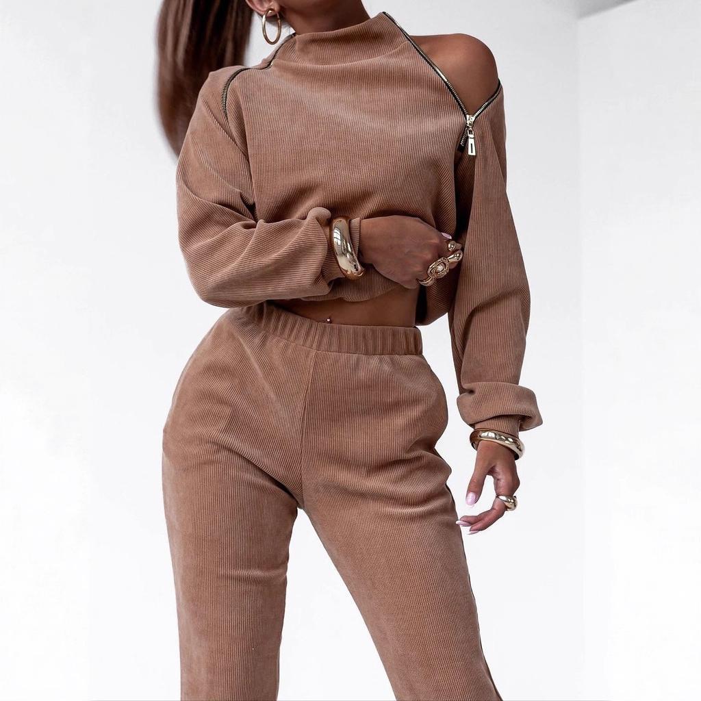 Casual Women's Clothing 1116 Hot Sale Spring and Autumn Fashion Trend Sexy Off-the-shoulder Zipper Suit