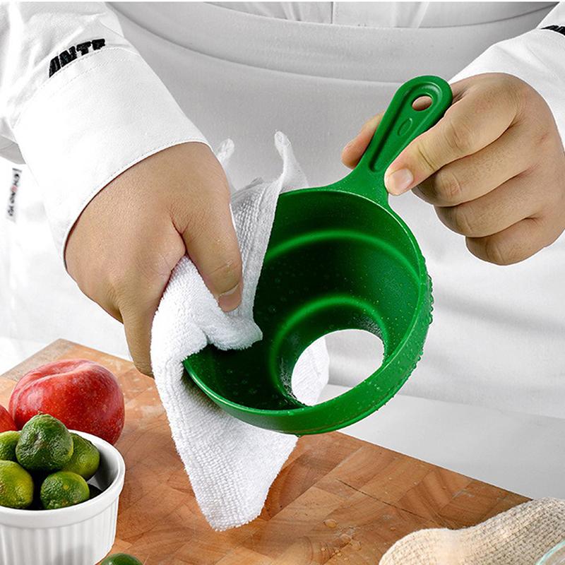 Vikbar teleskopisk plasttratt för bred mun och burkar. Hopfällbar tratt med lång hals. Vätskepåfyllningsgadget. Köksredskap