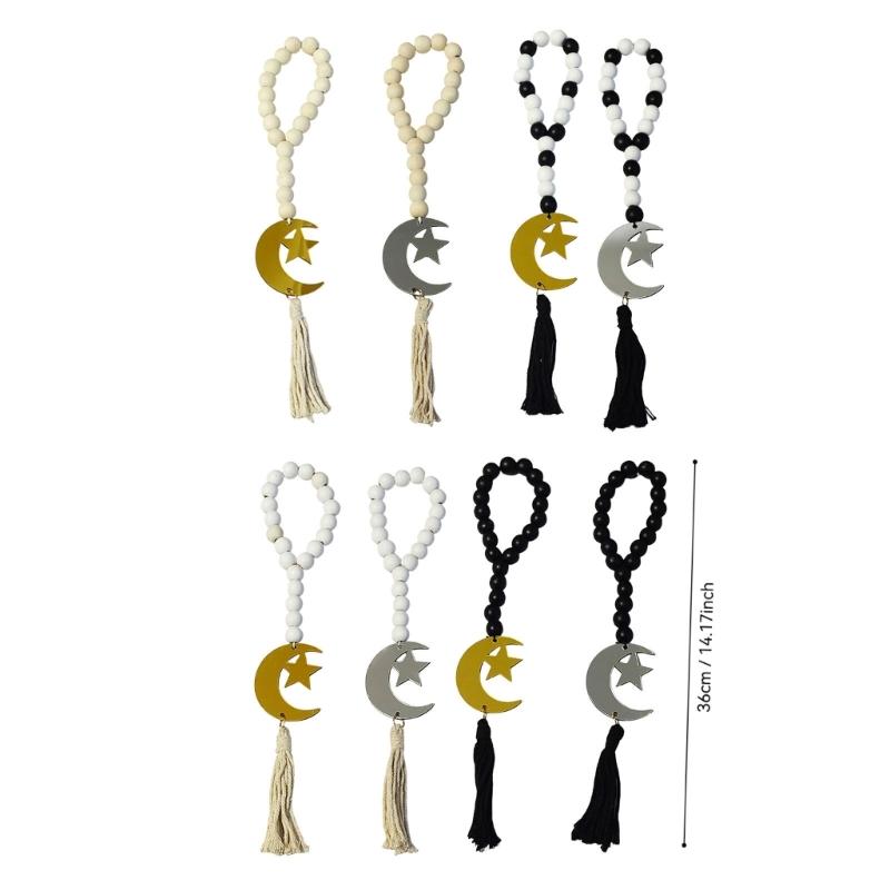 Ramadans Wood Beaded Garlands Acrylic Moon Pendant Wall Hanging Ornament with Tassels For Islamic Festives Home Decorations