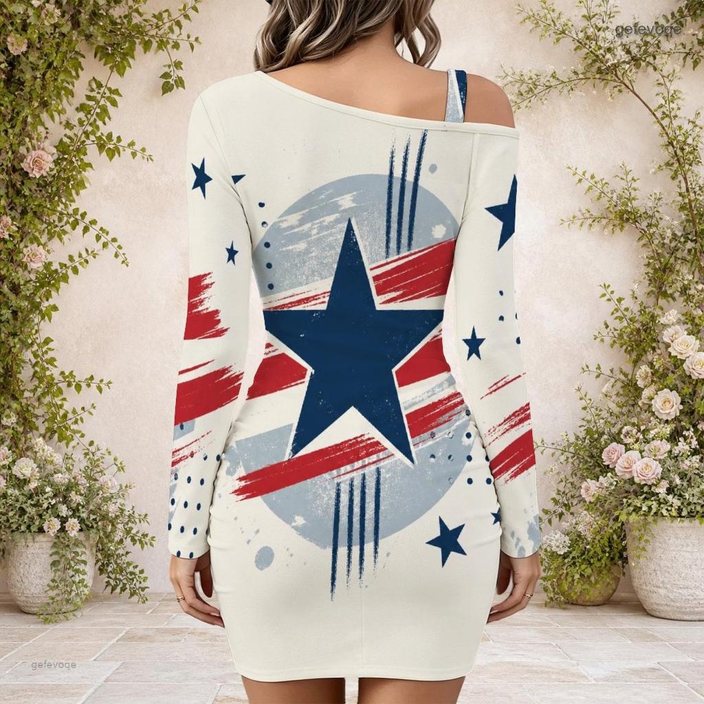 Women Plus Size One Shoulder Long Sleeve Star Stripe Printed Bodycon Mini Dress
