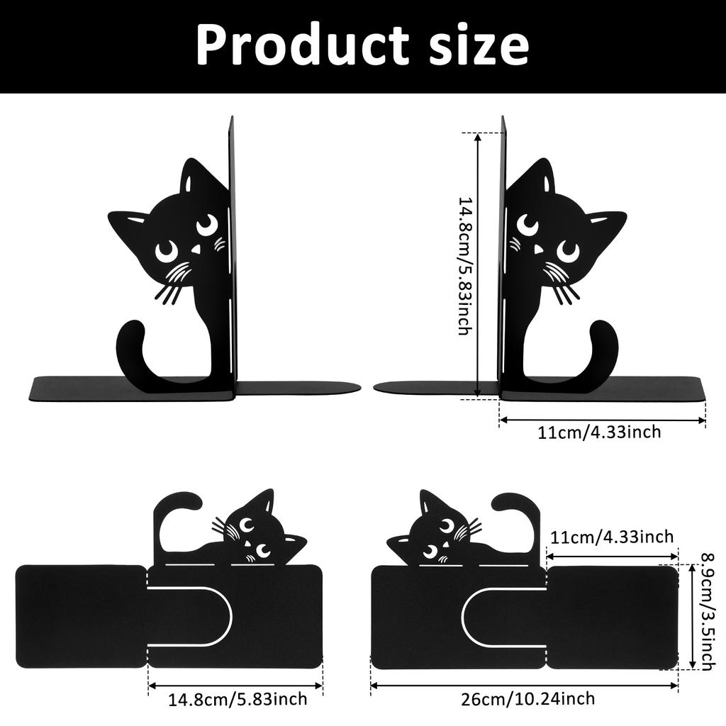 Cute Cat Metal Bookends Peeping Cat Book Ends for Shelves Bookshelf Decorative Home Office Desk Bookshelf Decor Black Bookends