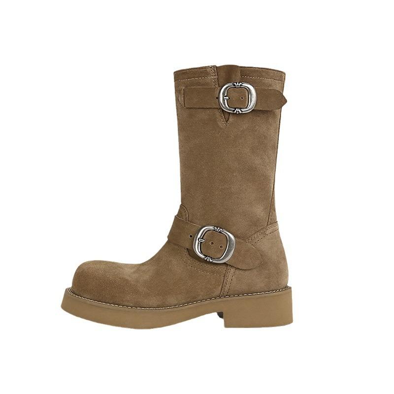 Cowhide version stacking boots small thick heel inner height increase Martin boots women's retro metal buckle round head locomotive boots short boots