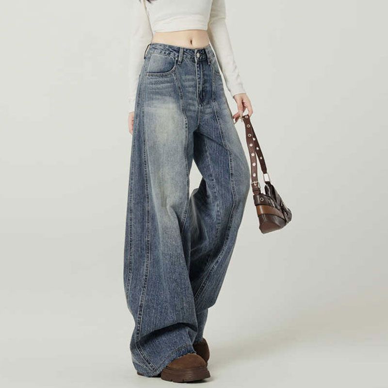 Women's High Waist Wide Leg Denim Pants Retro Blue Loose Casual Streetwear Jeans