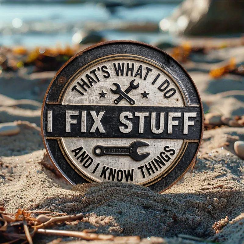 Vintage "I Fix Things, I Know Stuff" Round Aluminum Sign