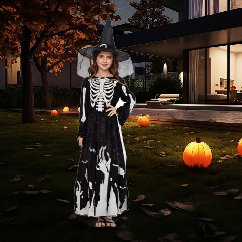 Glow in The Dark Skeleton Ghostly Witch Costume Witch Hat,Ghosty Skeleton Dress Cosplay Halloween Costume Kids Girls