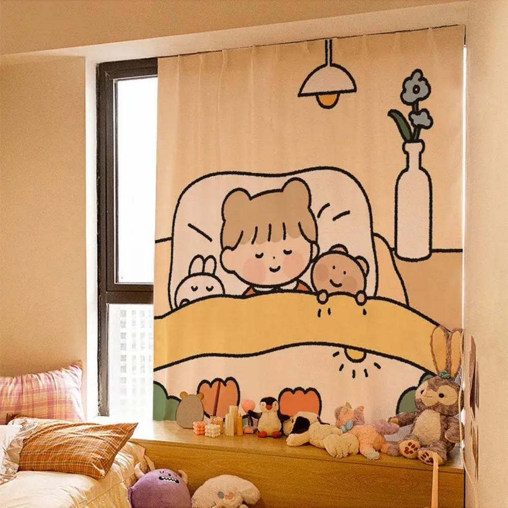 Kawaii Ins Curtain Fabric Punch-free Short Curtain Cartoon Curtains Self-adhesive Wall Cloth for Window Shading