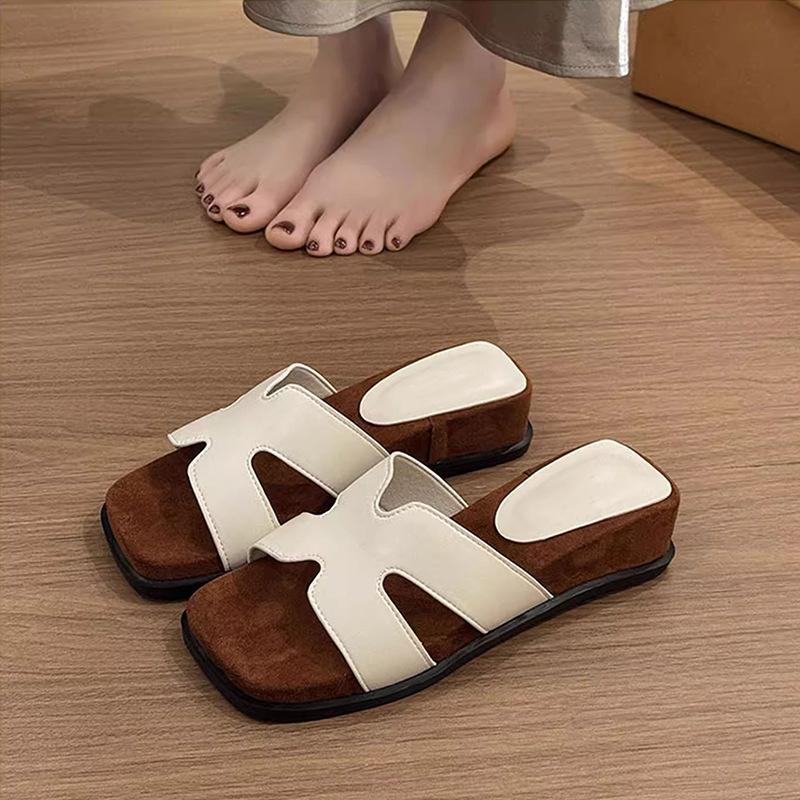 French 2025 New Summer Thick Heel Butterfly Versatile Low Heel Square Head Flat Bottom Wear Cool Slippers Women's One-word Drag