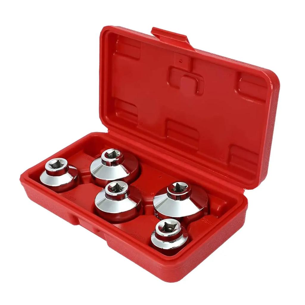 Universeller Ölfilterschlüssel- und Kappensatz, 5-teilig, 24 mm, 27 mm, 32 mm, 36 mm und 38 mm, mit Aufbewahrungsbox Ausziehwerkzeug für Geely und Ni