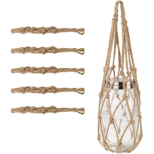Набор из 5 штук сетчатых подвесов для банок Mason, Плетеная веревочная сетка-подвес, Декоративный в деревенском стиле для банок Mason с широким горлышком, Банки Ball Pint и консервные банки
