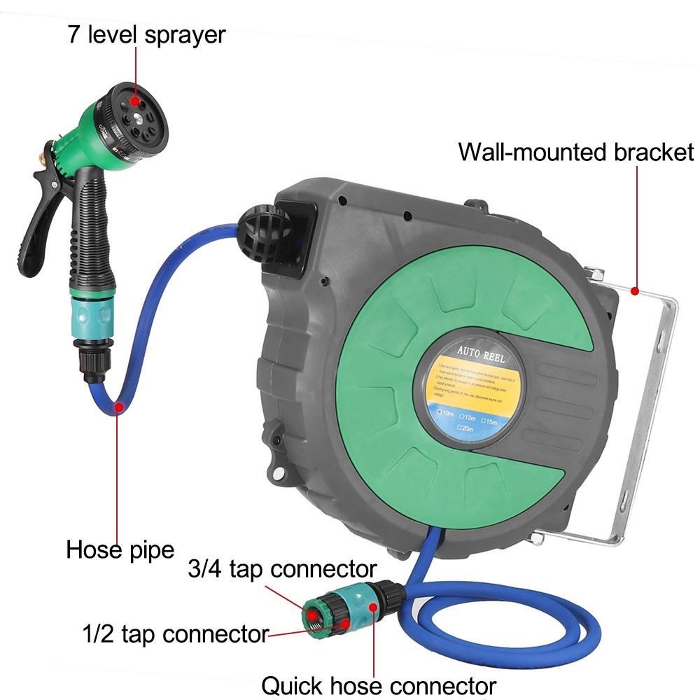 10M Water Hose Reel Compact Garden Car Auto Retract Spray Nozzle Automatic Reel with Sprayer Head 31X28cm