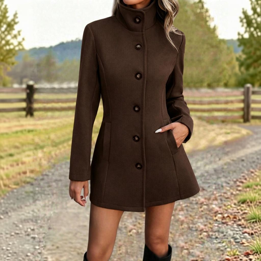 Women's Casual Wool Stand Collar Coat for Fall Winter Outwear