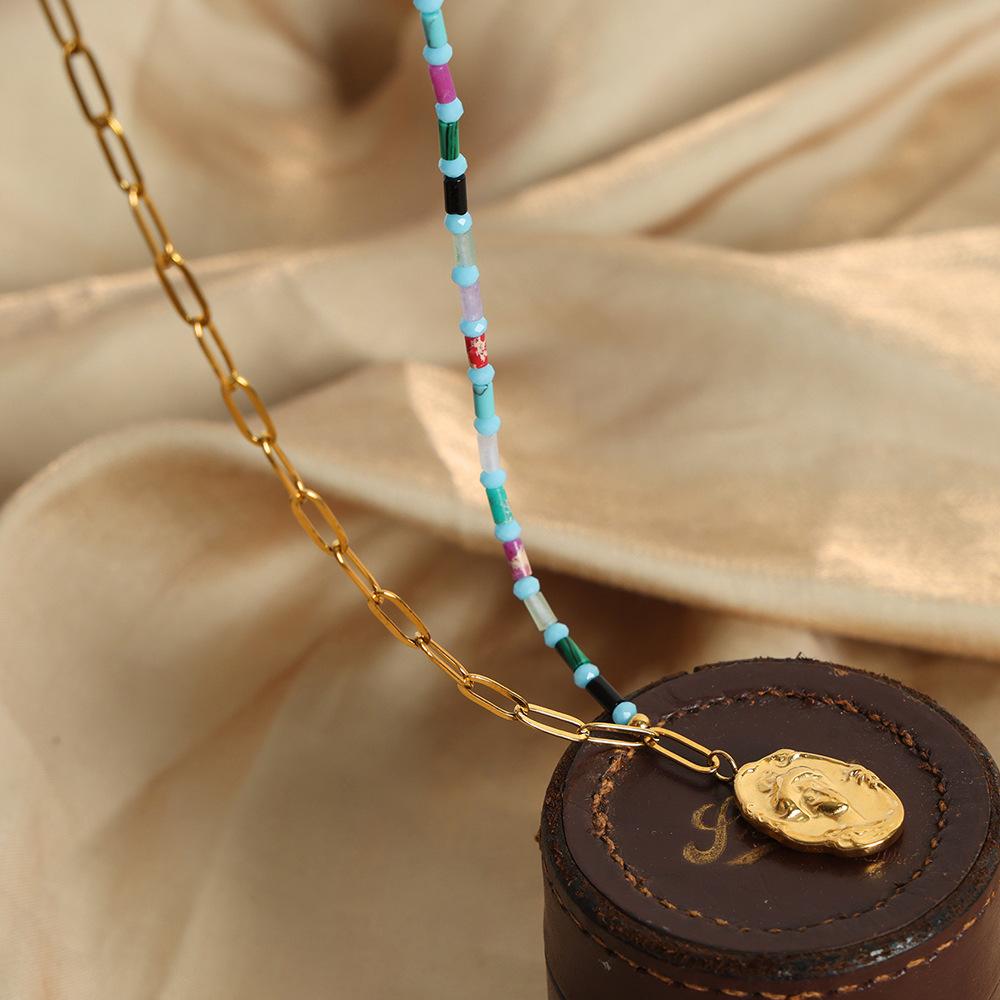 Natural Stone O-Chain Relief Pendant Necklace Titanium Steel Empress Dowager Personality And Temperament Versatile Splicing Collarbone Chain Jewelry