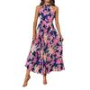 Damen Chiffon-Kleid mit Blumenmuster, langes Kleid im französischen Stil, kurzärmelig, elastisch, A-Linie, Sommerkleid mit Bohemian-Print, Strandkleid