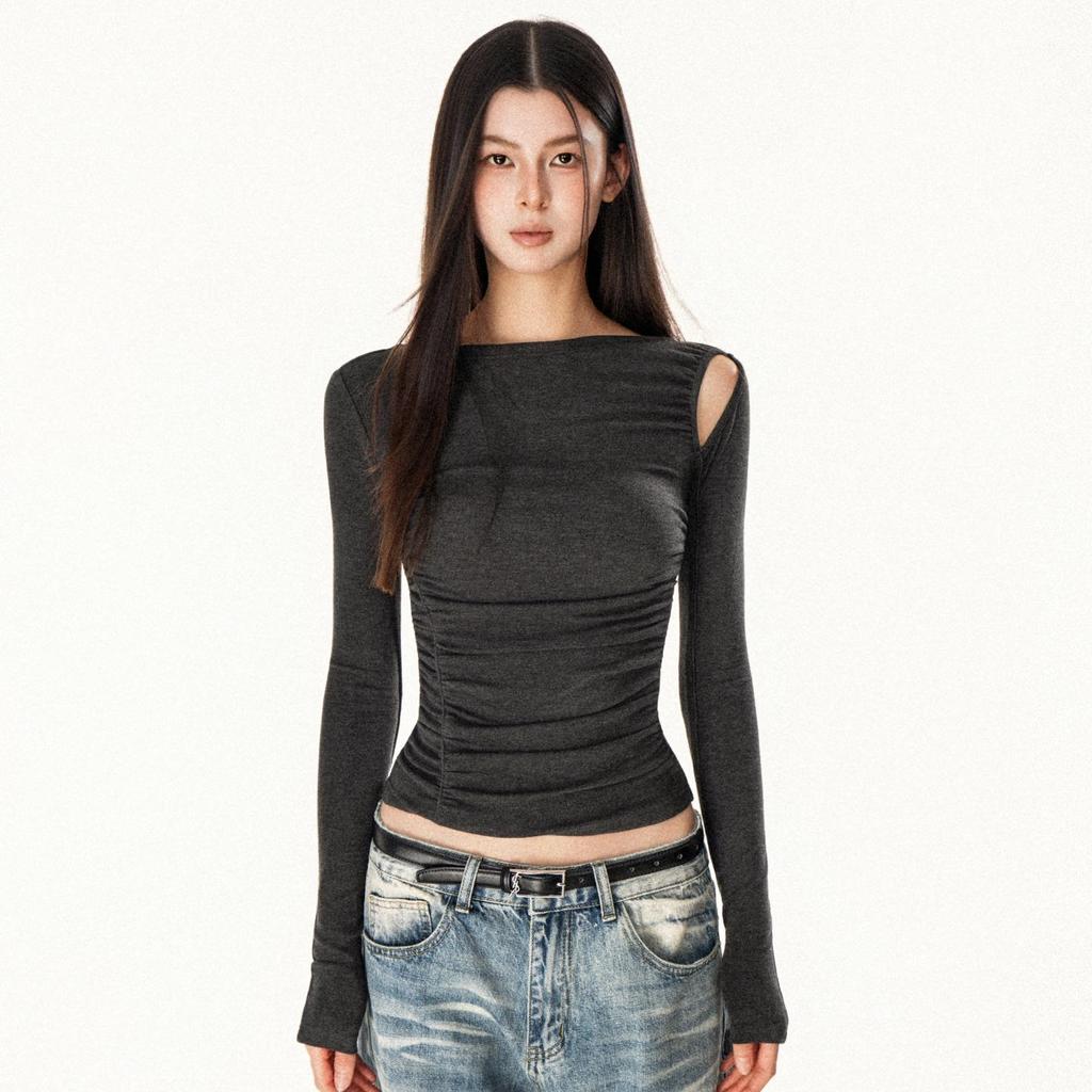 Spicy Girl Waist-Cinching Long-Sleeve Pleated T-Shirt - Slim-Fit, Figure-Flattering Design for Early Autumn