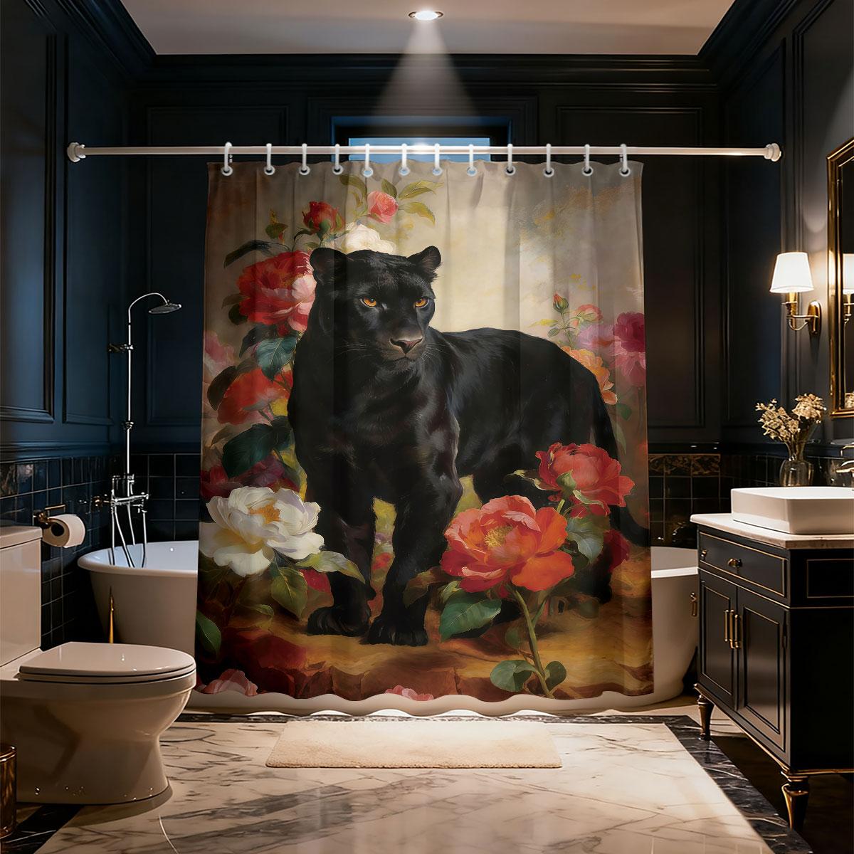 

Black Panther Leopard Floral Shower Curtain 90Gsm Waterproof Rose Iris Print Bathroom Decor With Hooks W60H190(CM)-1 Pcs