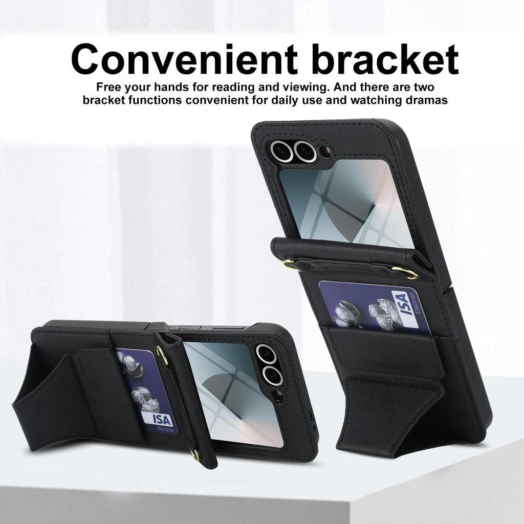 Samsung Flip6/7 Leather Crossbody Phone Case with Card Slot & Tempered Film Protection