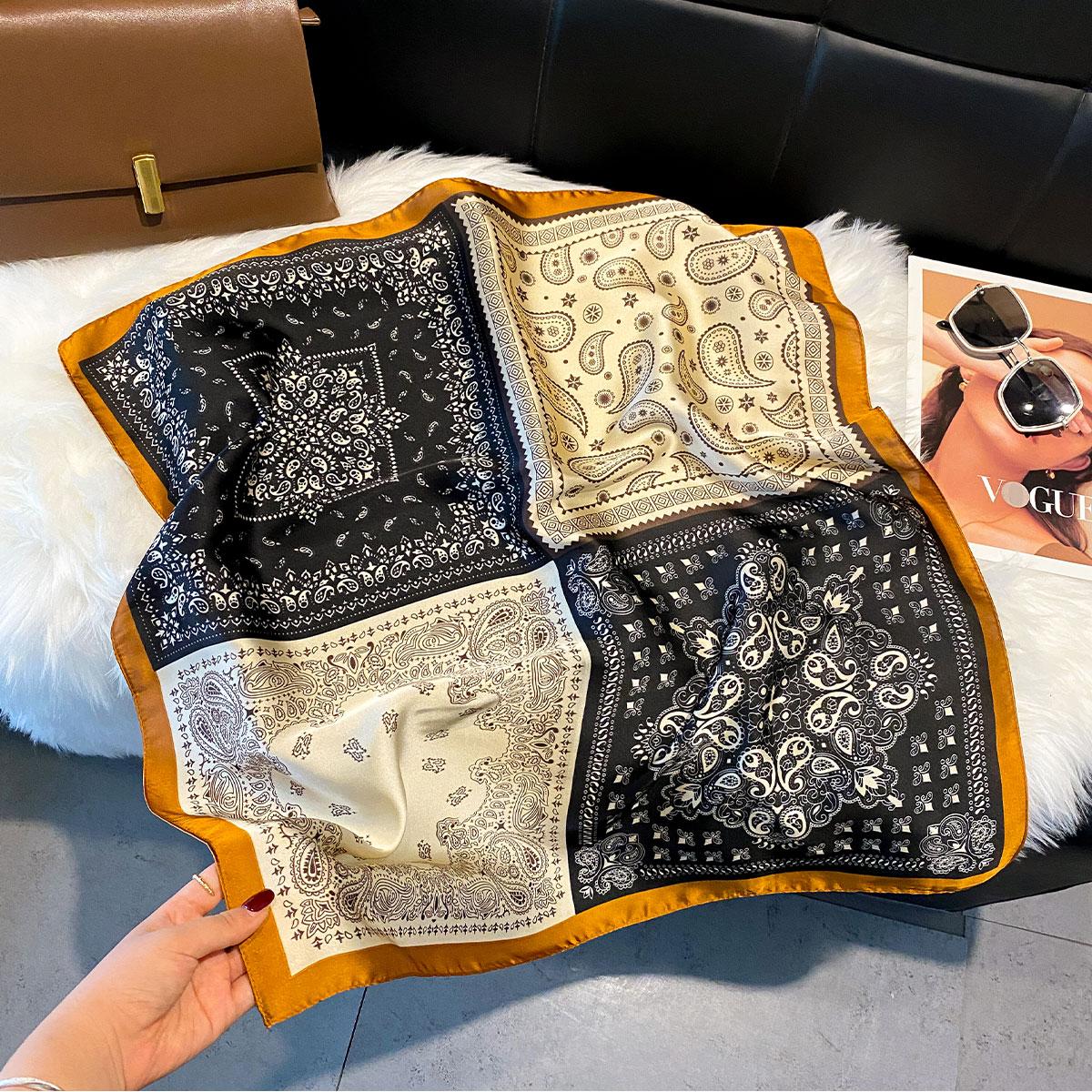 

70*70cm Silk Square Scarf Women Paisley Cashew Print Neck Tie Soft Satin Neckerchief Female Foulard Headband Hijab Decorate бежевий