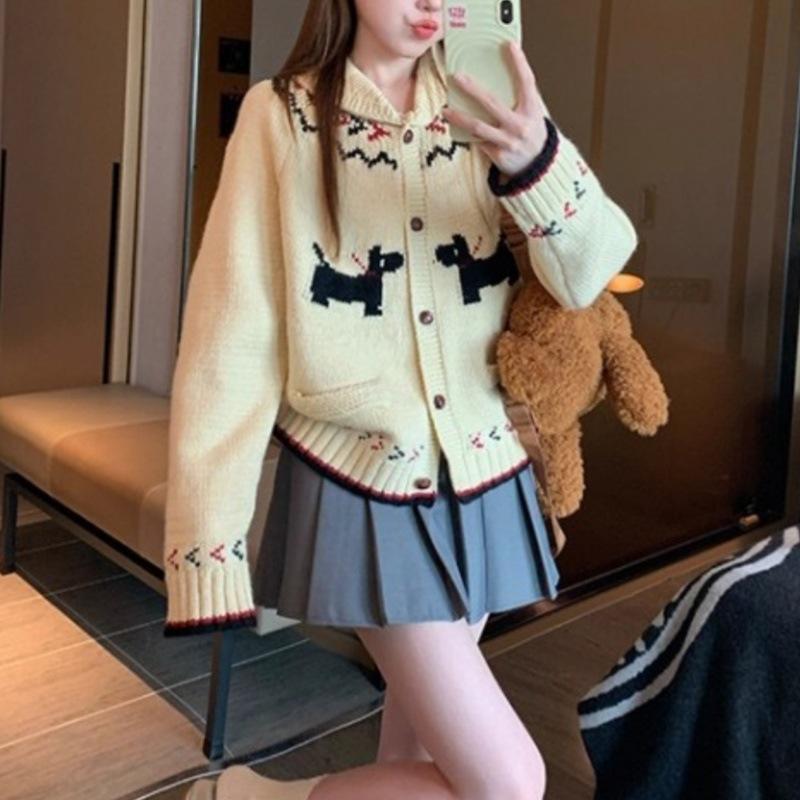Women's Retro Fair Isle Dog Knit Cardigan - Loose, Lazy Style for Autumn/Winter 2026
