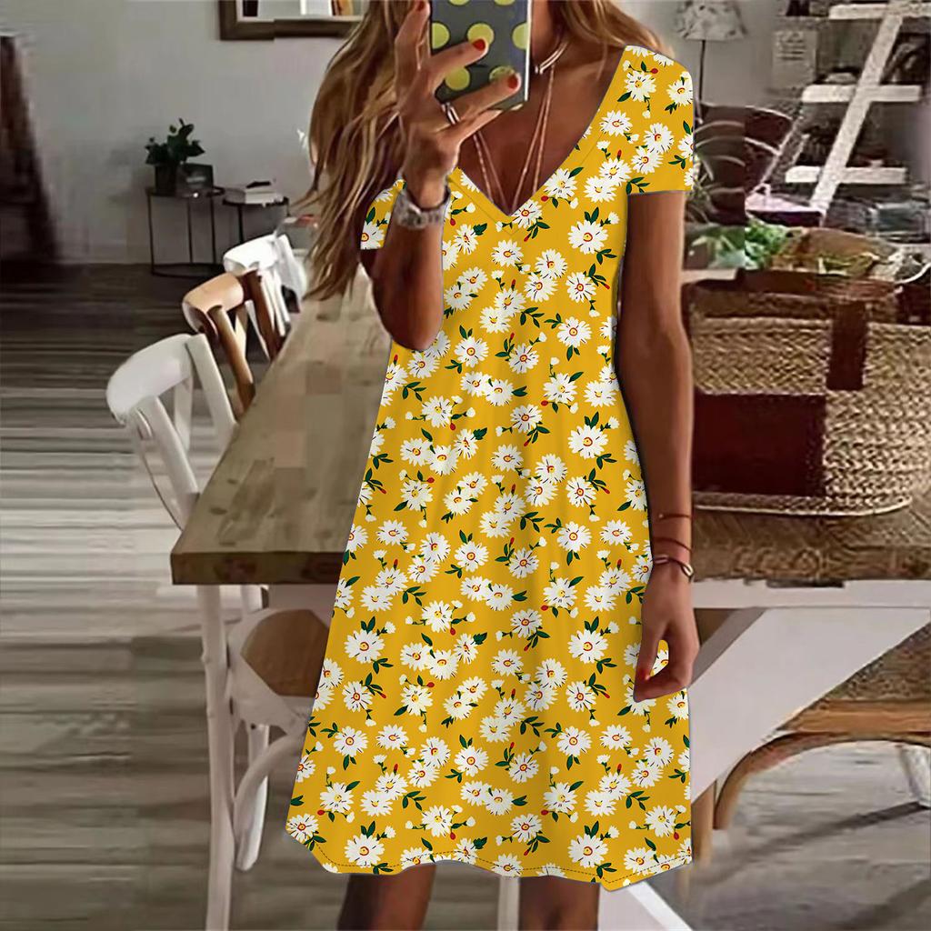 Summer Fashion Women's V Neck Short Sleeve Sunflower Printed  Dress Sex Short Skirt Dresses