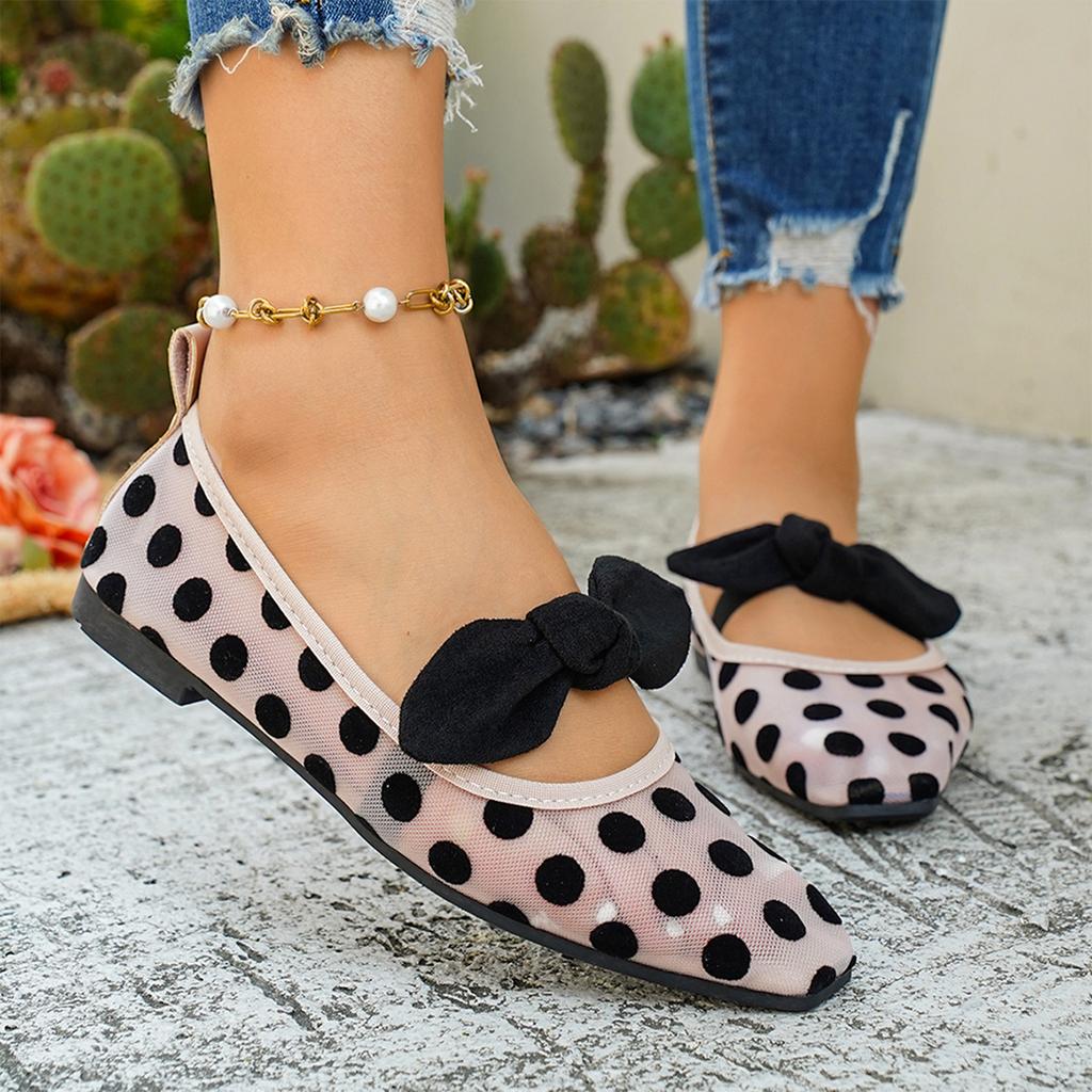 Women Mesh Mary Jane Flats with Polka Dot Pattern Square Toe Slip On Comfortable Bow Detail Vintage Style Shoes for Daily Wear