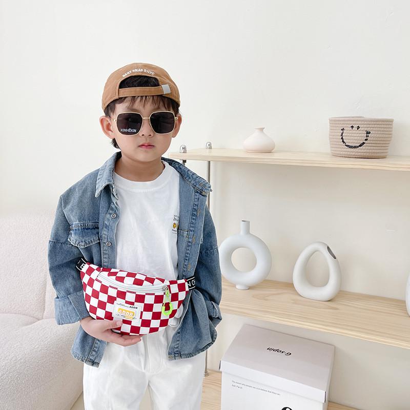 Stylish Children's Checkered Pattern Sling Bag Durable Canvas Crossbody Backpack With Large Capacity For Snacks