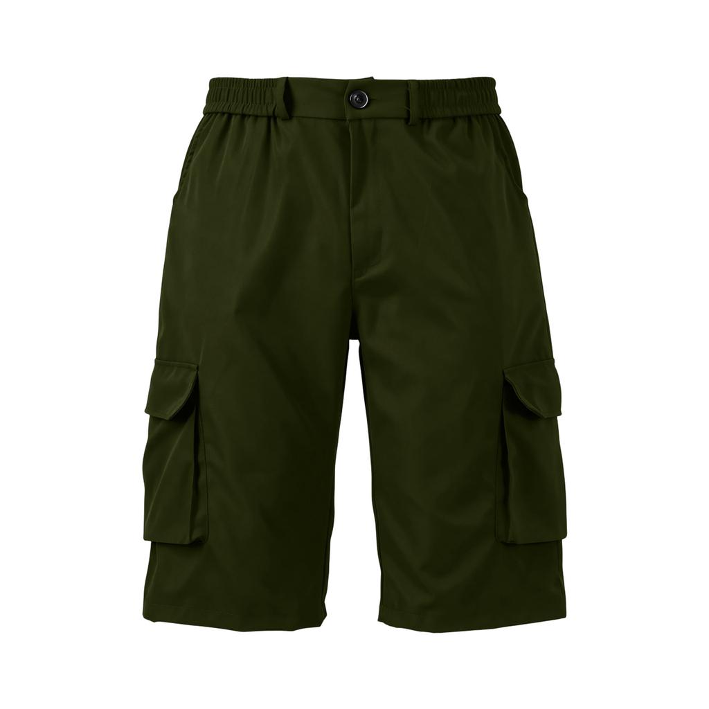 Men Cargo Shorts Button Closure Elastic Waistband Six Pocket Design Straight Fit Utility Knee Length Pants for Outdoor Work