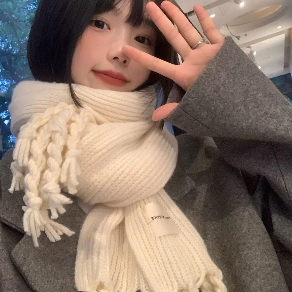 Student Solid Color Fringed Scarf Autumn Winter Warm Knitted Neck Warmer Couple Wool Thickened Neck Wrap
